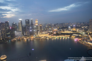 a city skyline with lights and a body of water