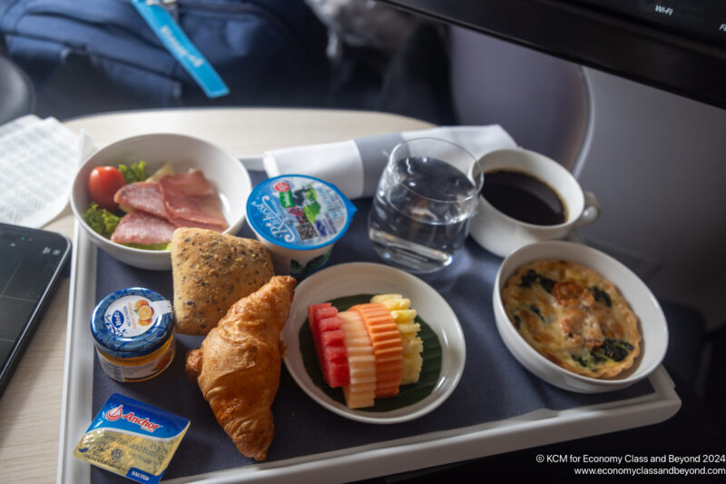 a tray with food and drinks on it