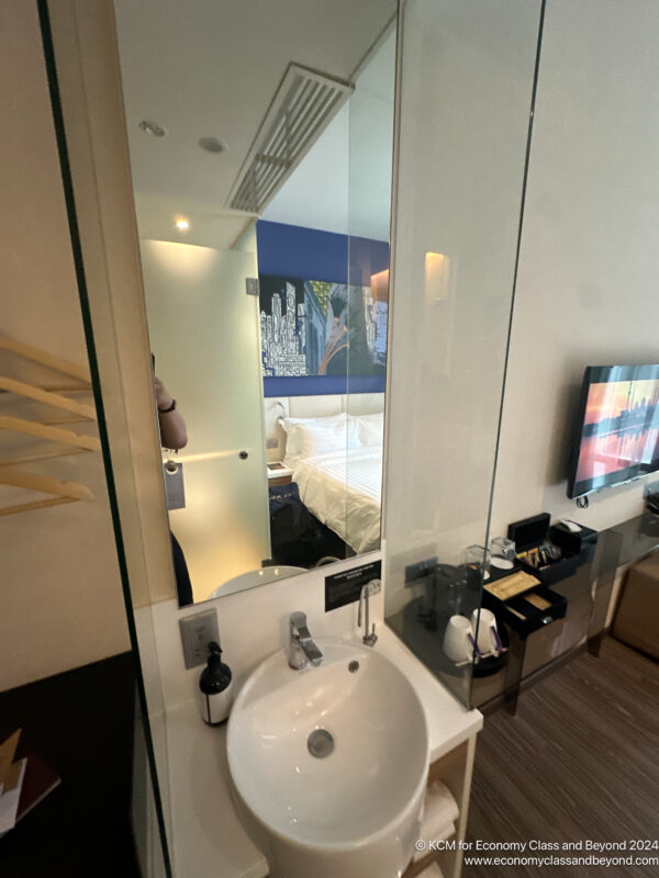 a bathroom with a glass wall and a mirror