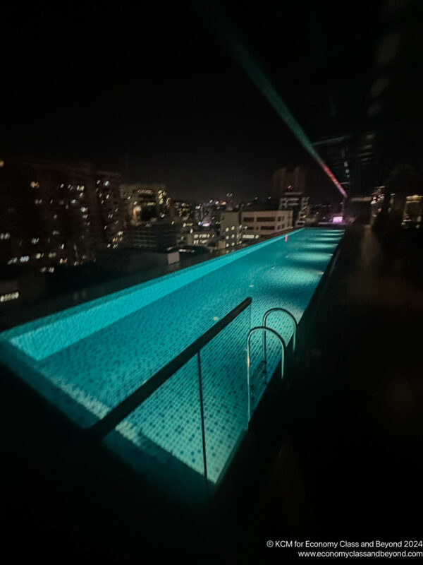 a pool with a railing and a city in the background