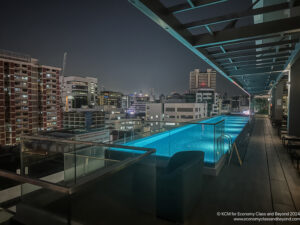 a rooftop with a pool and a city skyline at night