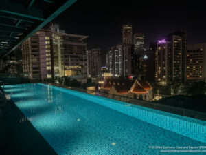 a pool with a city skyline at night