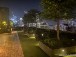 a wooden deck with trees and plants on it