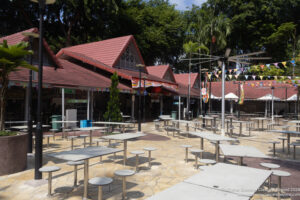 a group of tables outside a building