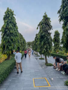 people sitting on a bench with trees on the side