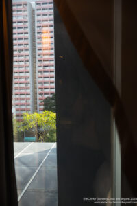a window with a view of a city and a tree
