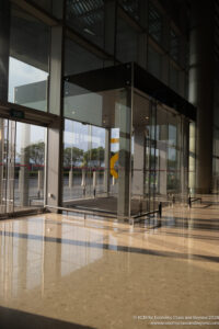 a glass entrance to a building