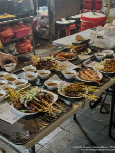 a table with plates of food on it