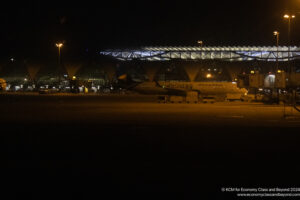 a stadium at night with lights
