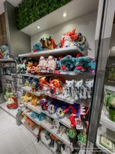 a shelf with stuffed animals