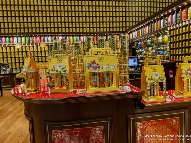 a display of bottles on a counter