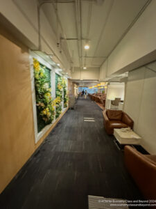 a long hallway with chairs and plants on the wall