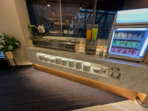 a buffet with food on shelves