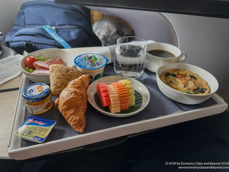 a tray with food and drinks on it