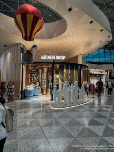 a storefront with a large ceiling and a group of people walking