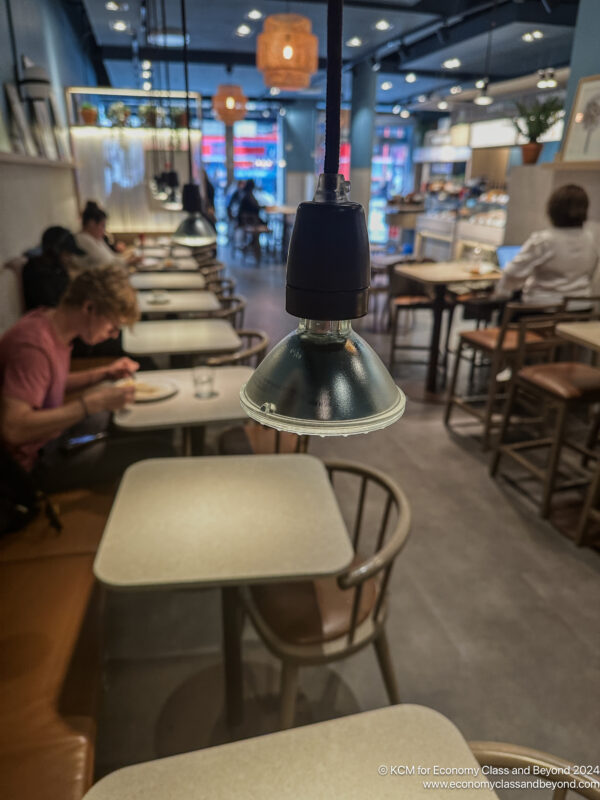 a group of people sitting at tables in a restaurant