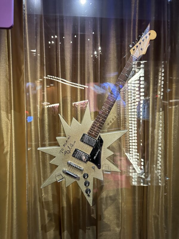 a guitar in a glass case