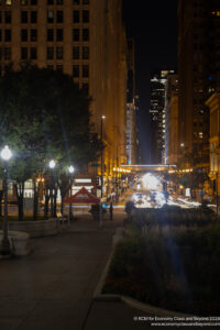 a street with trees and buildings at night