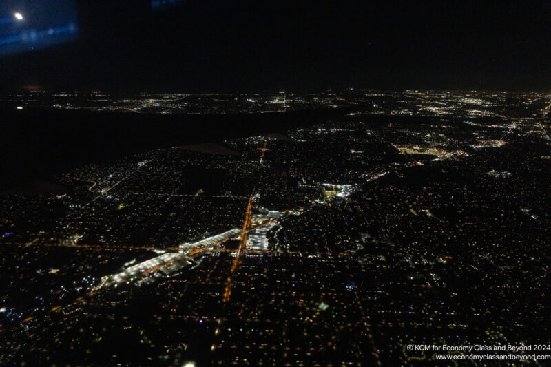 an aerial view of a city at night