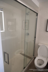 a glass shower with a toilet