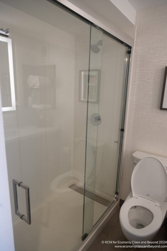 a glass shower with a toilet