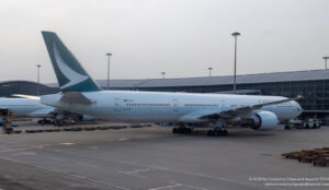 Cathay Pacific Boeing 777-300ER preparing to depart Hong Kong International Airport