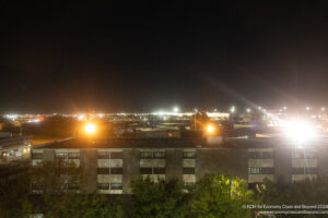 a building with lights at night