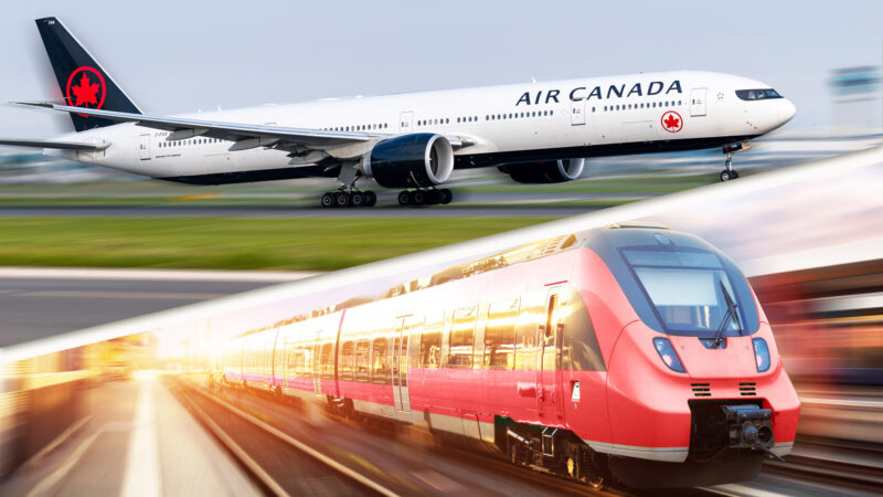 a plane and train on a runway