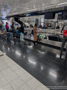 a group of people standing in a line at a baggage claim