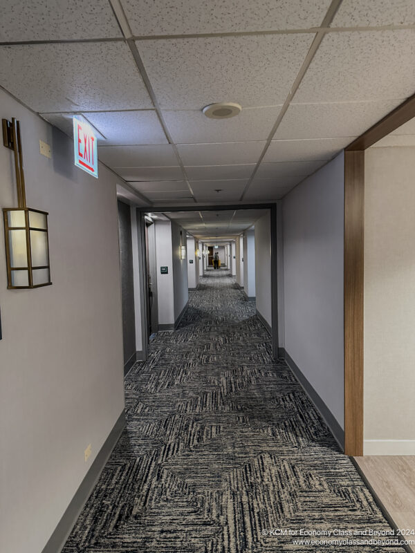 a hallway with a black and white carpeted floor