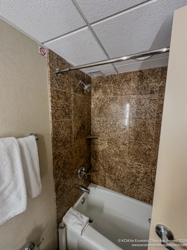 a shower with a bathtub and a towel rack