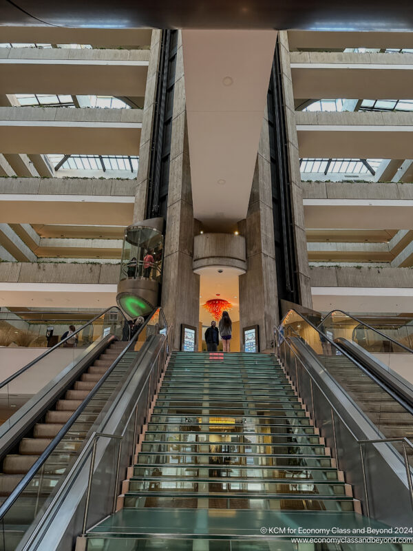 a couple of people on an escalator