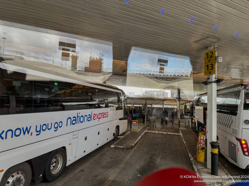 a bus parked in a bus station