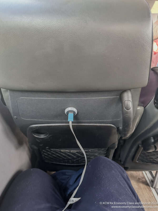 a person's leg with a cord plugged into a seat