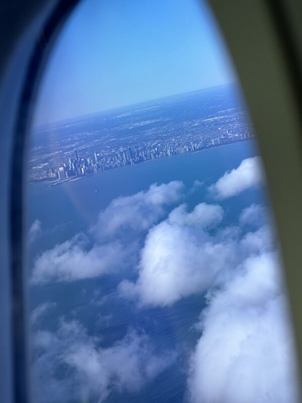 a view of a city from an airplane window