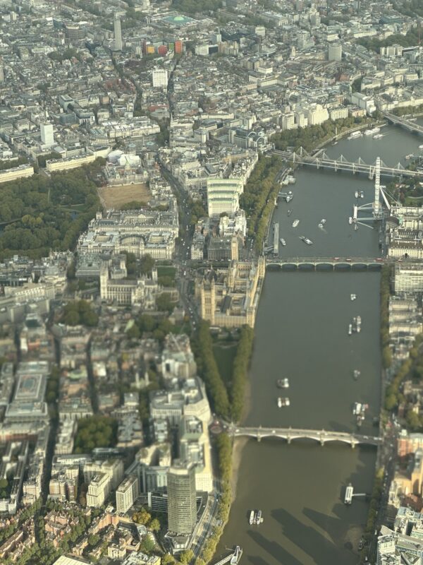 a city with a river and bridges