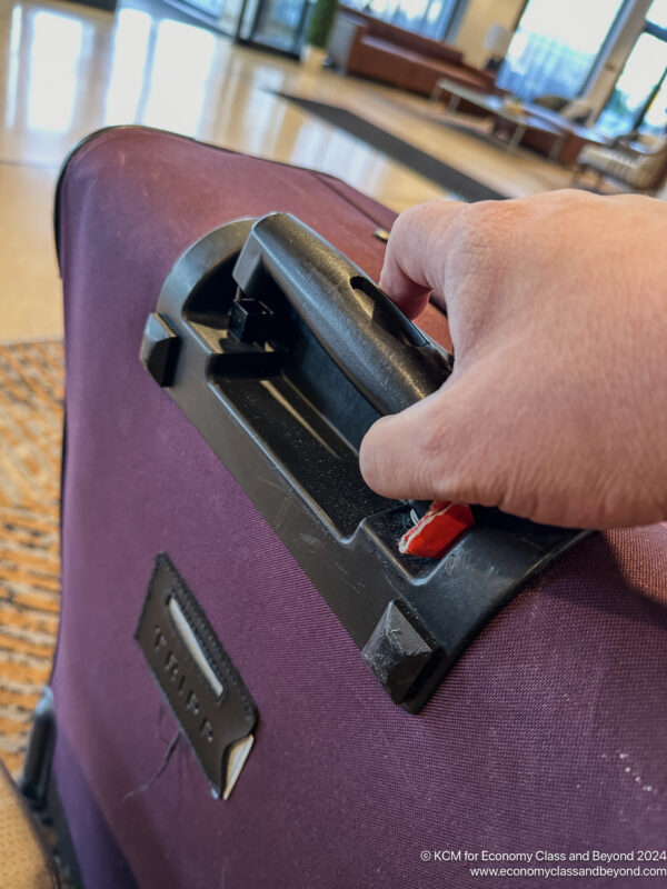 a hand holding a piece of luggage