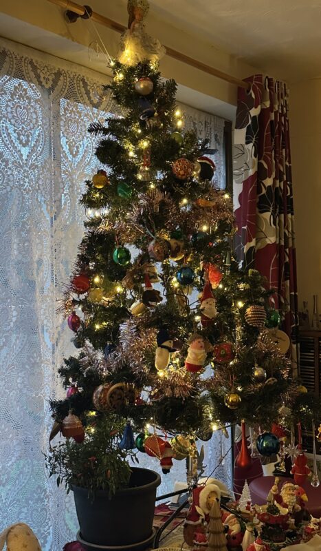 a christmas tree with ornaments and lights