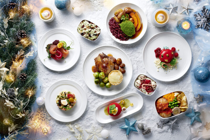 a table with plates of food