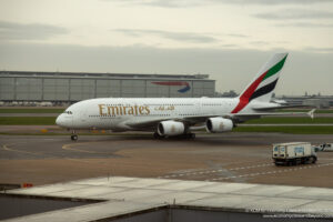 Emirates Airbus A380 taxiing at London Heathrow Airport - Image, Economy Class and Beyond