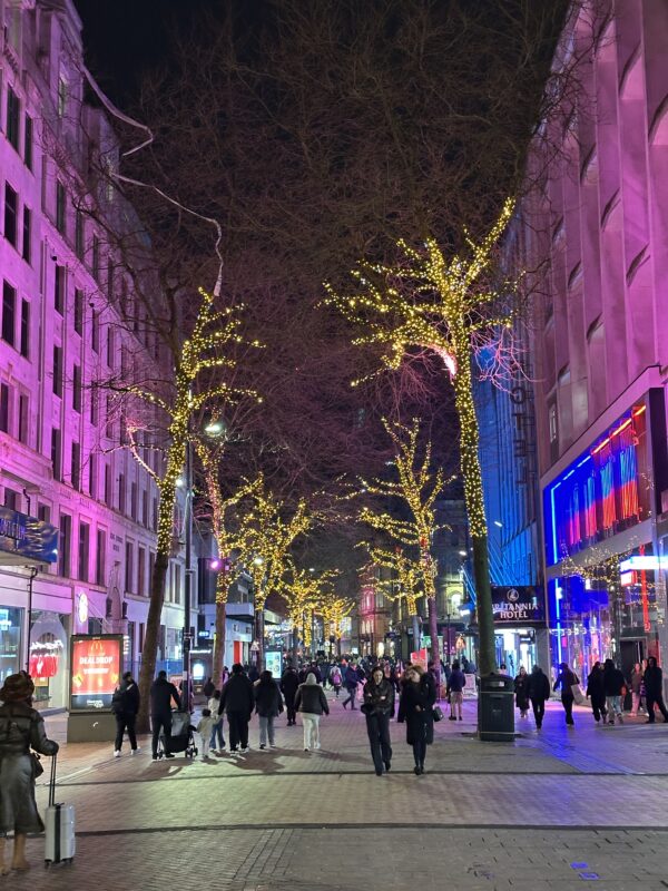 a group of people walking on a sidewalk with trees with lights