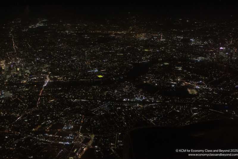 an aerial view of a city at night