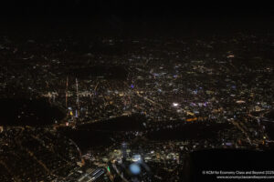 an aerial view of a city at night