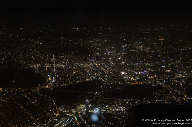 an aerial view of a city at night