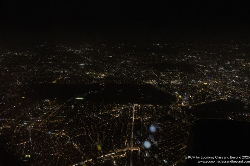 an aerial view of a city at night