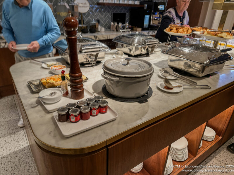 a buffet table with food on it