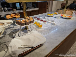 a buffet table with food on it