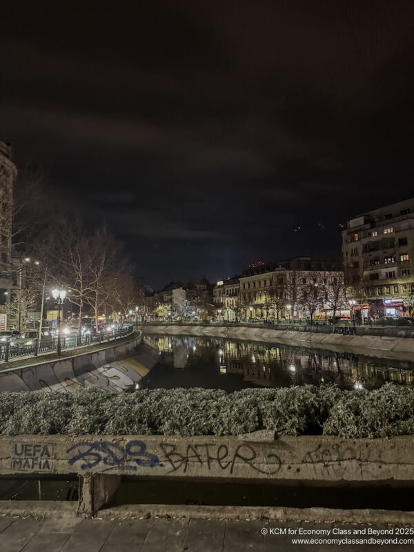 a river with buildings and trees at night