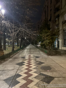 a sidewalk with trees and buildings at night