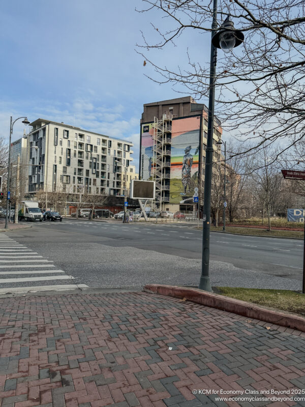 a street light and buildings